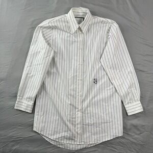 Yaitte White Navy Blue Pinstripe Long Sleeve Button Down Shirt Womens S Luxury